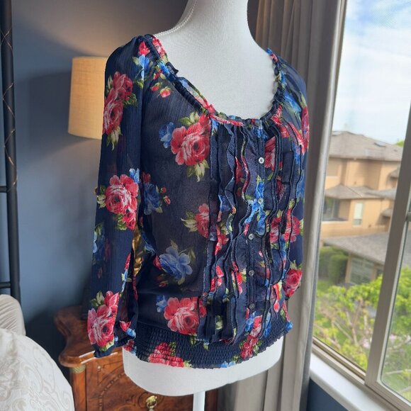 3 For $25! Gilly Hicks Sheer Navy  Floral 3/4 Sleeve Shirt - Picture 4 of 8